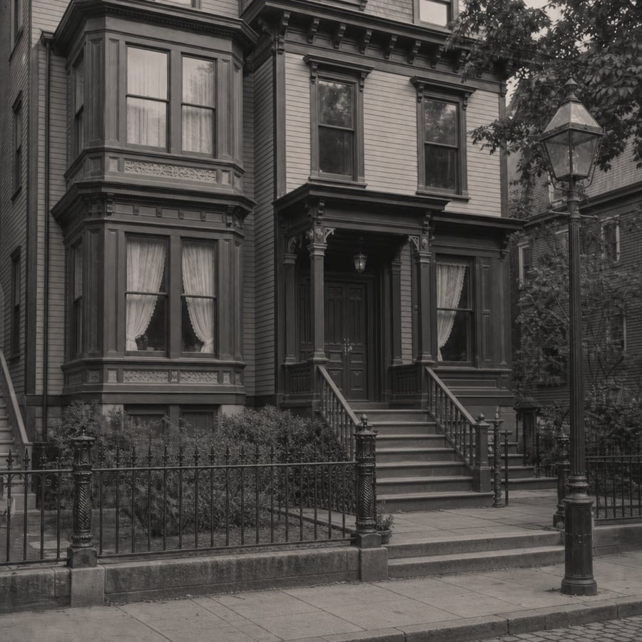 A bay-windowed clapboard townhouse with an iron fence and a gas street lamp
