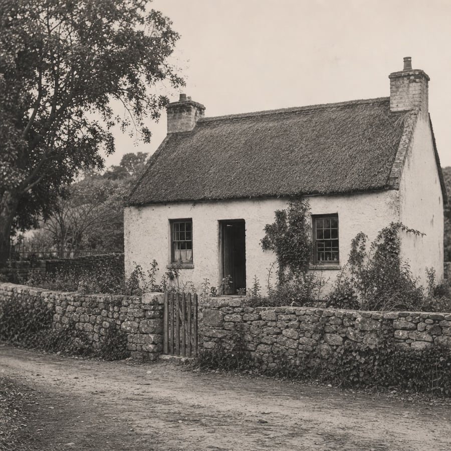 A whitewashed thatched cottage behind a dry stone wall on a country lane