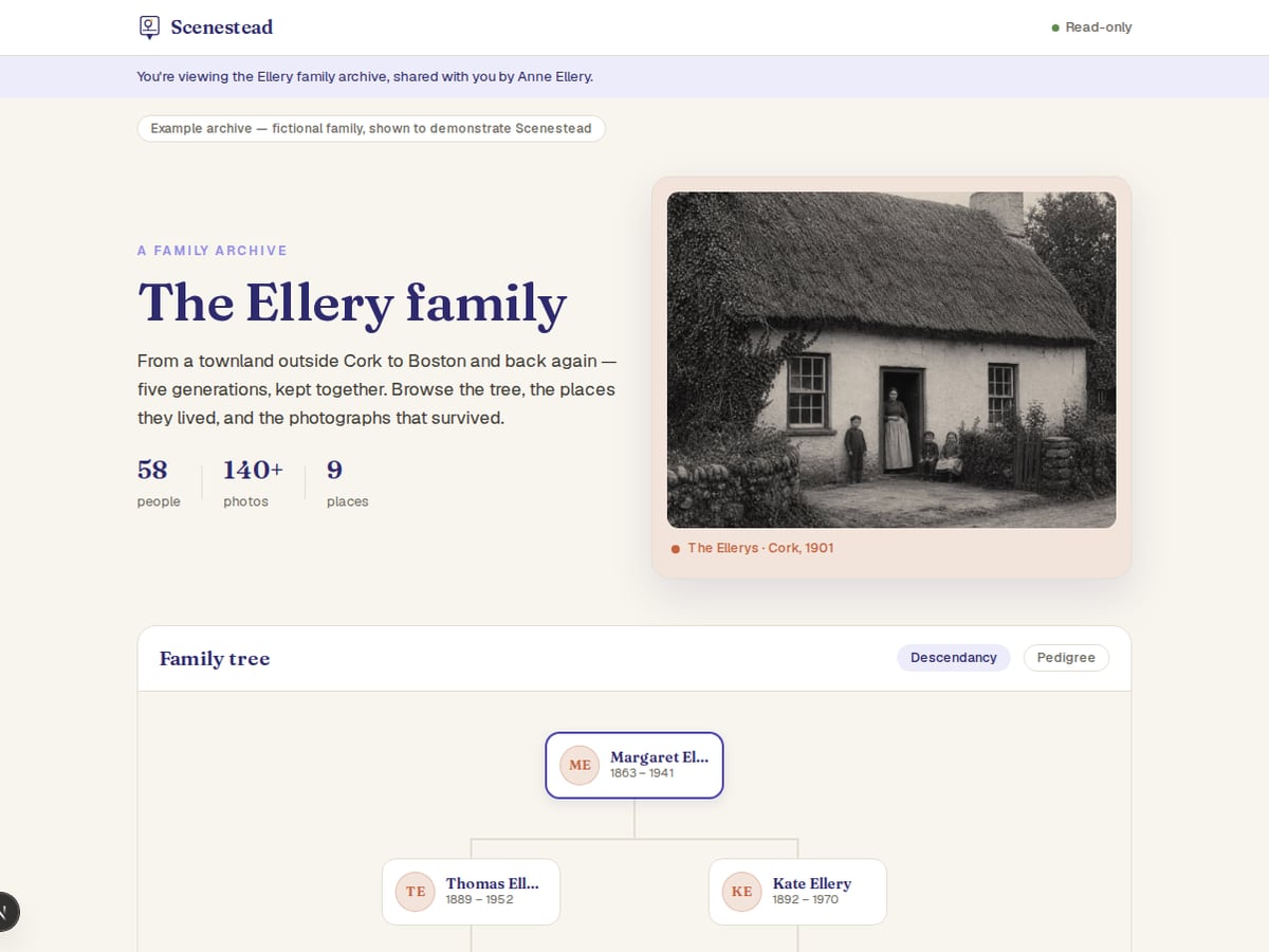 The Ellery family example page: tree, map, and photographs in a shared read-only view