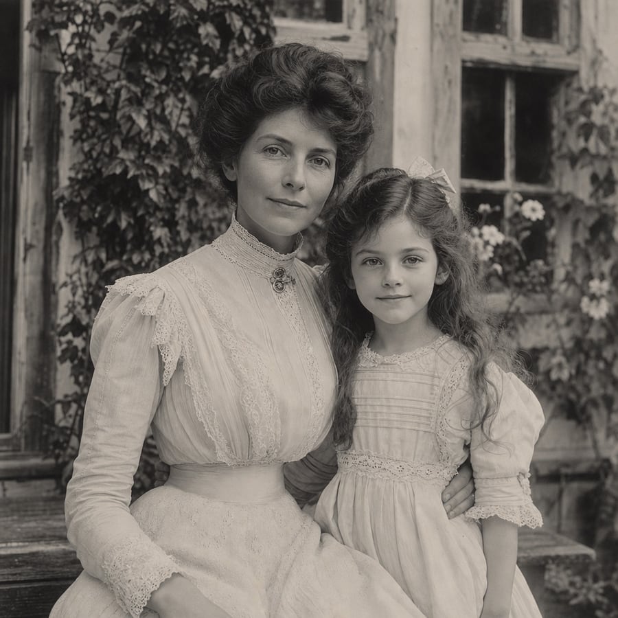 A seated woman in a high-collared white dress with a young girl at her side