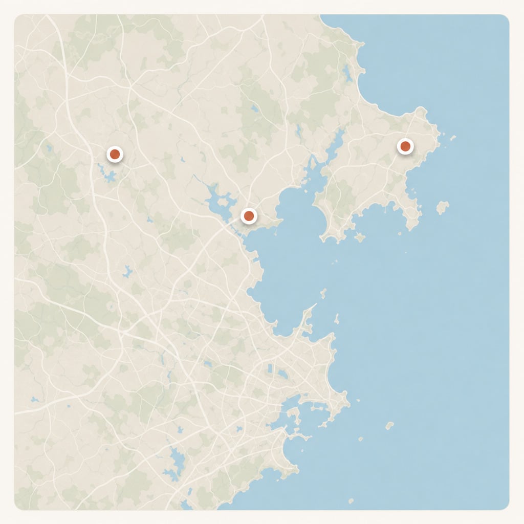 A soft parchment-toned map of a coastline with three place markers