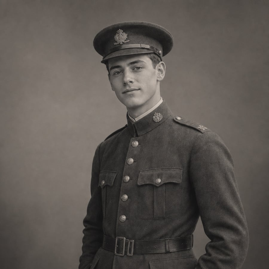 A studio portrait of a young man in a belted military uniform and peaked cap